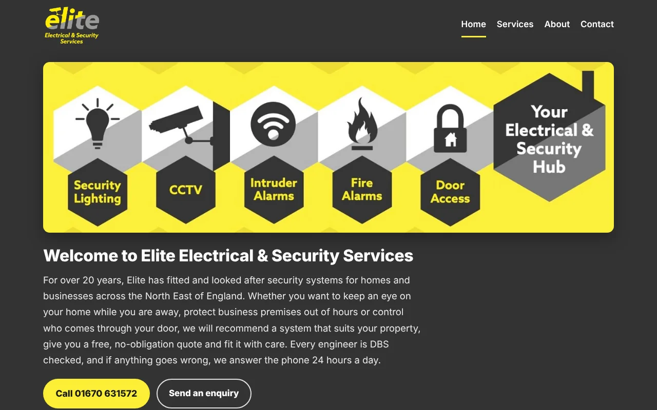 The Elite home page: the firm's banner, a welcome message and buttons to call or send an enquiry