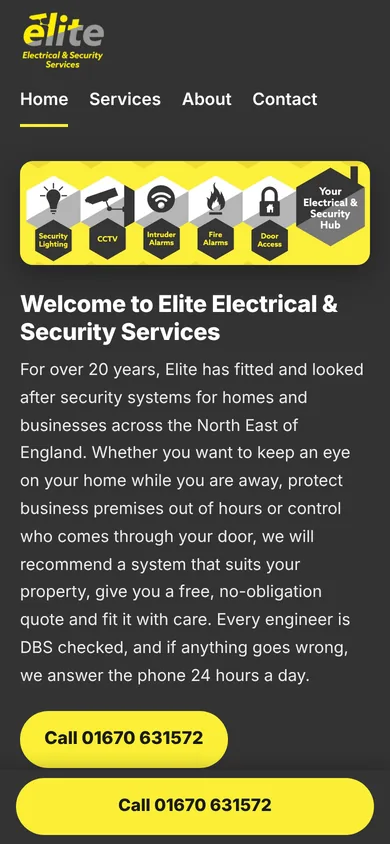 The Elite home page on a phone, with a call button fixed to the bottom of the screen